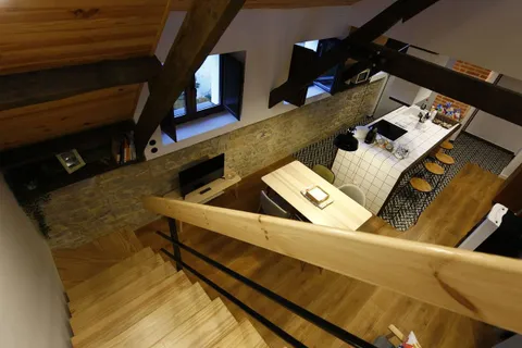The sitting room of the Wild Trout lodge, under the timber eaves